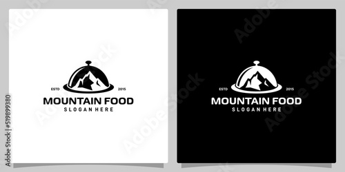 Food logo design template. Logo dish food with mountain vector design. Premium vector