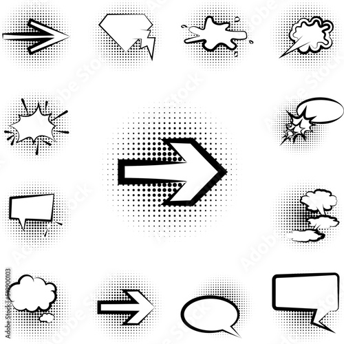 pop art, speech bubble, arrow icon in a collection with other items