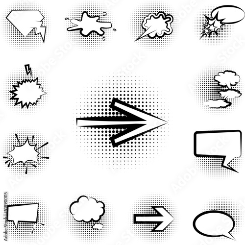 pop art, speech bubble, arrow icon in a collection with other items