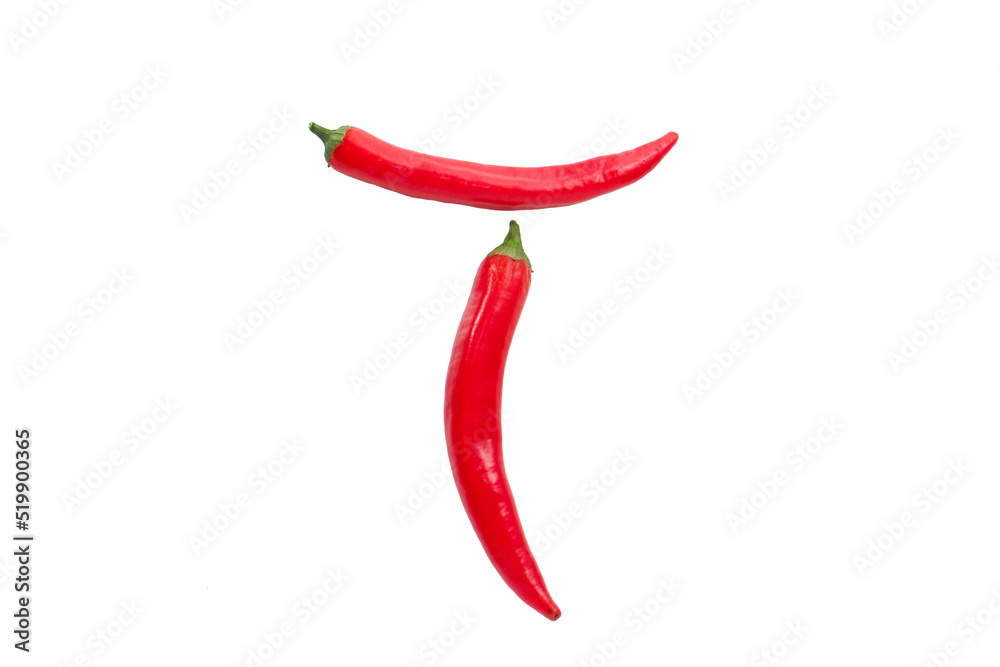 Letter T composed of red chilli peppers. Two red peppers on the white background. Letter T composed of red chilli peppers. Two red peppers on the white background.