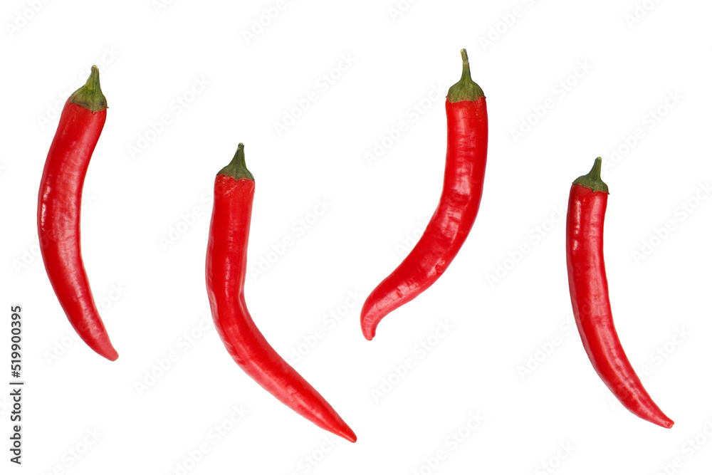 Four hot red peppers on the isolated background