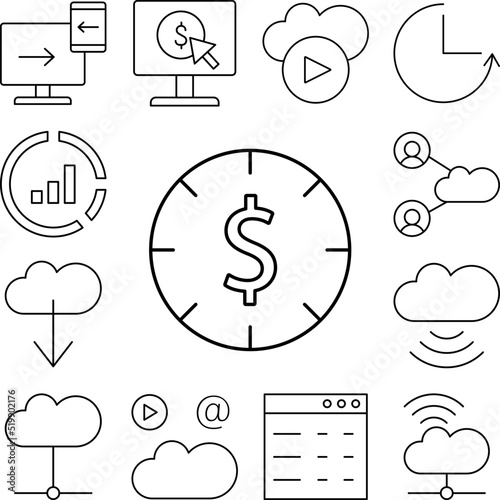 Pay per click, dollar, SEO icon in a collection with other items