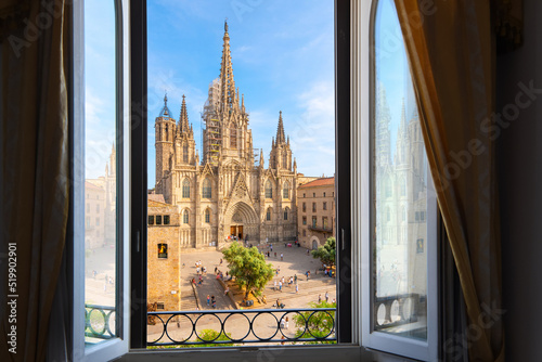 Canvas Print View through an open window from across the plaza of the gothic Barcelona Cathedral in the El Born Gothic Quarter of the Catalonian city of Barcelona, Spain