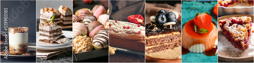 Set of delicious desserts on dark background