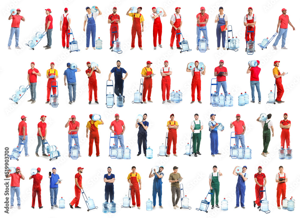 Many couriers of water delivery service on white background