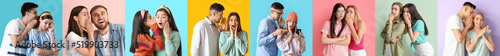 Set of gossiping people on color background