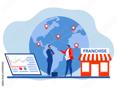 businessman offering Franchise, trading network shop to the world map business concept Vector flat illustration