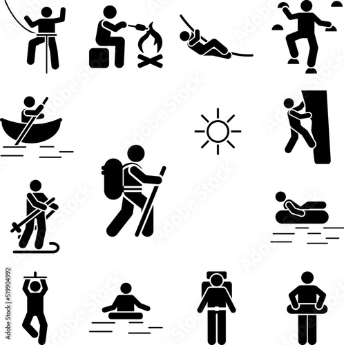Man hiking backpack adventure icon in a collection with other items