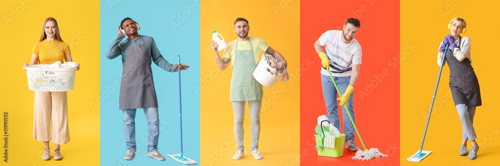 Set of people with cleaning supplies and laundry on color background Set of people with cleaning supplies and laundry on color background