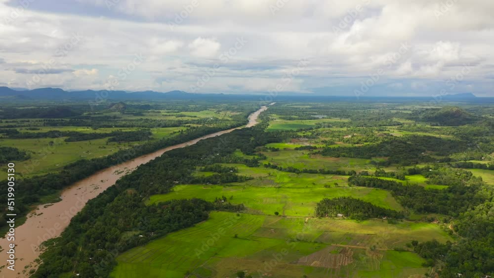 Aerial drone of river among rice fields and agricultural land in the countryside. Sri Lanka. Aerial drone of river among rice fields and agricultural land in the countryside. Sri Lanka.