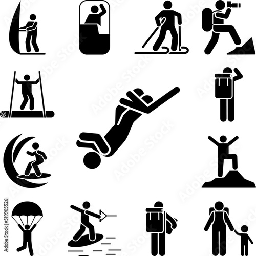 Man adventure bungee jumping icon in a collection with other items
