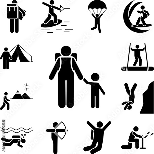 Man child adventure backpacker icon in a collection with other items