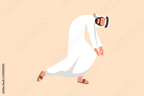 Business flat cartoon style drawing depressed Arab businessman bowed down. Man feeling lonely and having mental pressure or stress. Bankruptcy on economic recession. Graphic design vector illustration