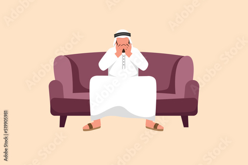 Business flat drawing sad and depressed Arabian businessman sitting on sofa and holding his head. Lonely man sitting on couch. Failure and losing job concept. Cartoon style design vector illustration