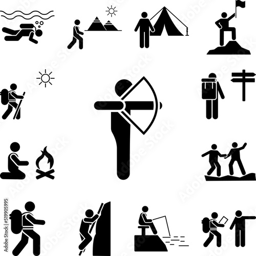 Man travel bow shooting icon in a collection with other items