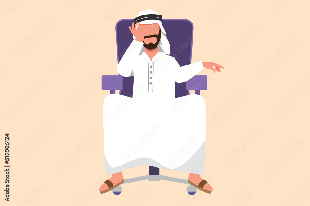 Business flat cartoon style drawing depressed Arab businessman sitting at chair, feeling stressed, alone. Anxious worker crying, feel frustrated, depressed, suffer. Graphic design vector illustration