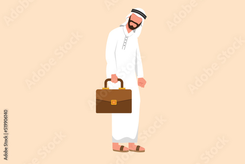 Business flat cartoon style drawing depressed Arab businessman looking down, holding briefcase. Man with mental pressure or stress. Bankruptcy on economic recession. Graphic design vector illustration