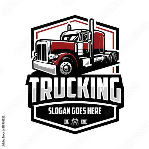 Trucking 18 wheeler semi truck flat bed freight badge emblem logo template vector isolated