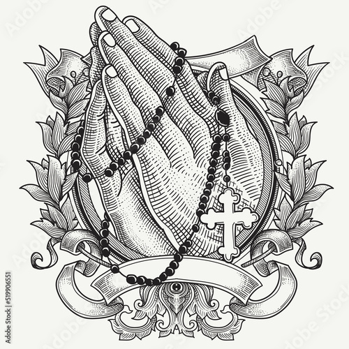 praying hands with a rosary necklace and floral heraldic ornament
