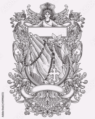 praying hands with a rosary necklace and floral heraldic ornament
