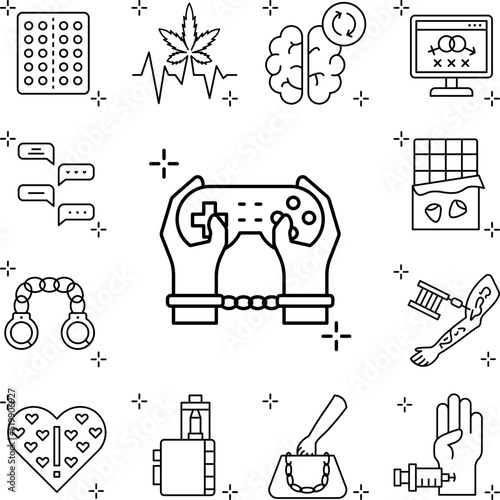 Video games, addictions icon in a collection with other items