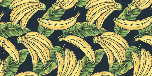 Banana fruit summer seamless pattern wallpaper. Fresh yellow bananas