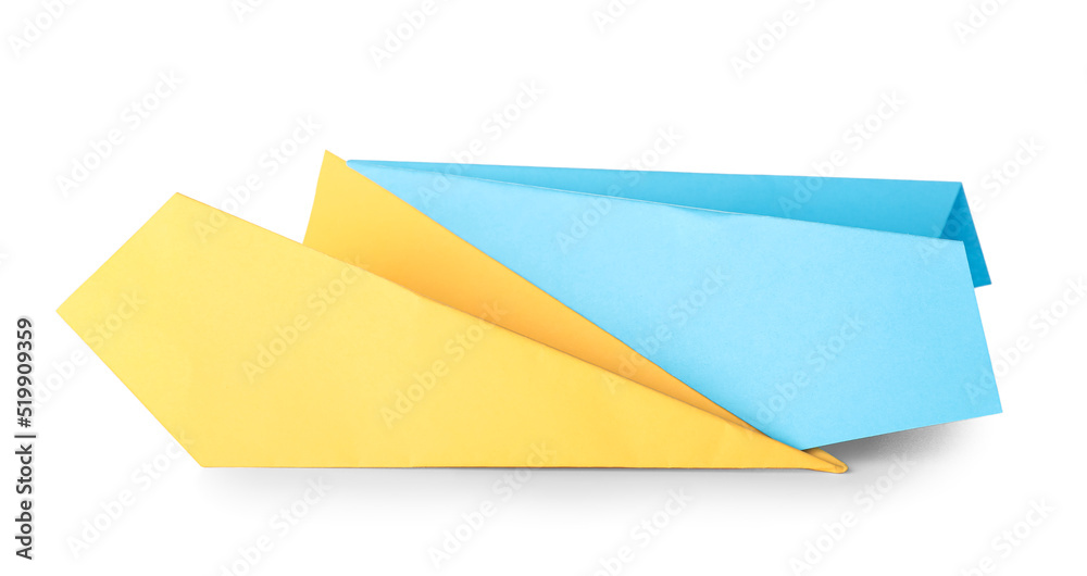 Paper planes in colors of Ukrainian flag on white background Paper planes in colors of Ukrainian flag on white background