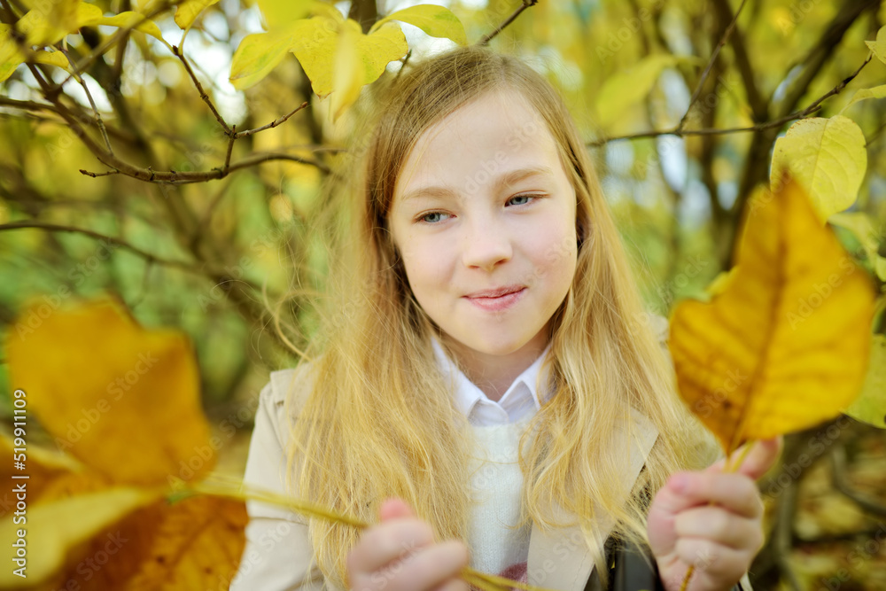 Adorable young girl having fun on beautiful autumn day. Happy child playing in autumn park. Autumn activities for children.