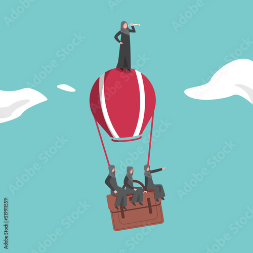 Business concept flat Arabic businesswoman standing, looking through monocular on hot air balloon briefcase. Business people group search to success. Growth, vision. Graphic design vector illustration