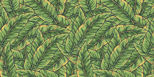 Tropical exotic green plants and leaves wallpaper. Seamless pattern with summer tropical palm foliage