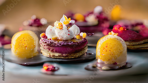 Photography Delicious and delicate raspberry dessert with vanilla cream, strawberry and whipped cream