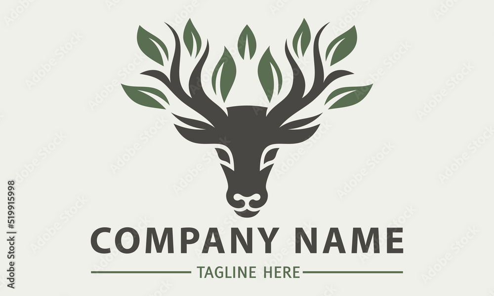 Black Color Deer Head with Green Nature Leaf Logo Design Black Color Deer Head with Green Nature Leaf Logo Design