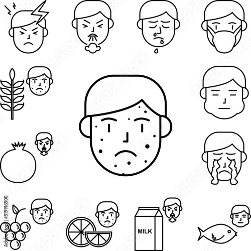 Rash, reaction, allergic skin icon in a collection with other items
