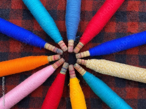 Colorful threads. Yarn. Bobbins with yarn. Fabric. Sewing threads. Skein of thread. Texture of colorful thread in spoolls.