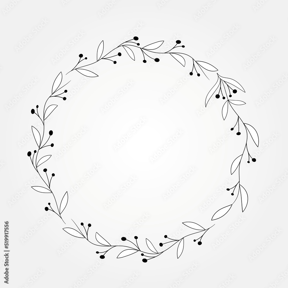 circle floral botanical wreath black white color design isolated