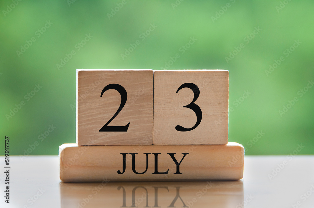 July 23 calendar date text on wooden blocks with blurred background park. Conceptual July 23 calendar date text on wooden blocks with blurred background park. Conceptual