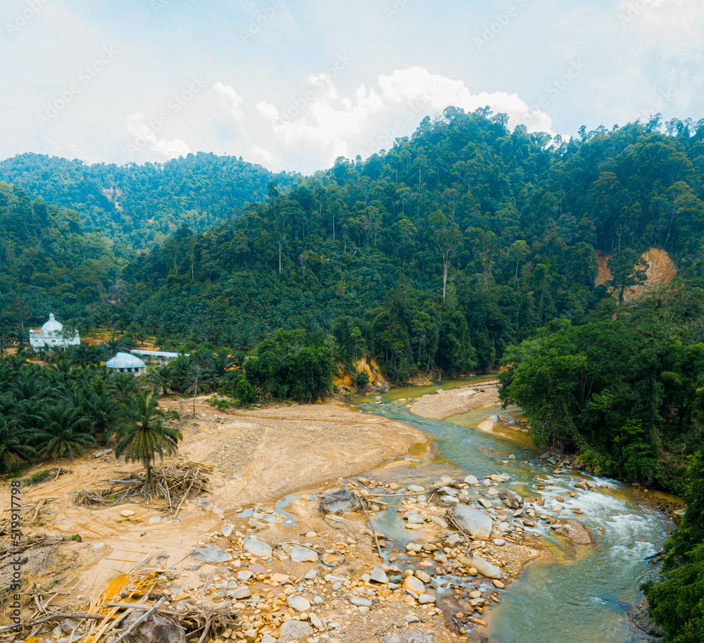 Fototapeta premium Aerial drone view of river scenery in Hutan Lipur Belukar Bukit, Kuala Berang, Terengganu, Malaysia.