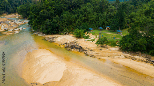 Aerial drone view of river scenery in Hutan Lipur Belukar Bukit, Kuala Berang, Terengganu, Malaysia. photo