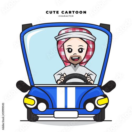 Cute cartoon character of muslim boy driving car