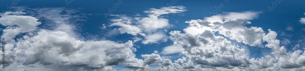 Blue sky hdri 360 panorama with white beautiful clouds. Seamless panorama with zenith for use in 3d graphics or game development as sky dome or edit drone shot for sky replacement Blue sky hdri 360 panorama with white beautiful clouds. Seamless panorama with zenith for use in 3d graphics or game development as sky dome or edit drone shot for sky replacement