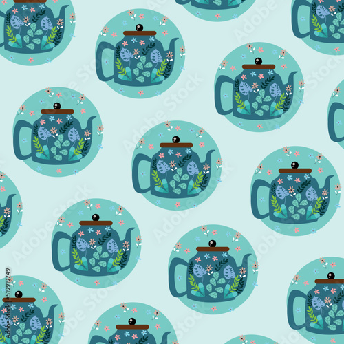 Illustration of an antique teapot with leaves. The teapot pattern is tea time