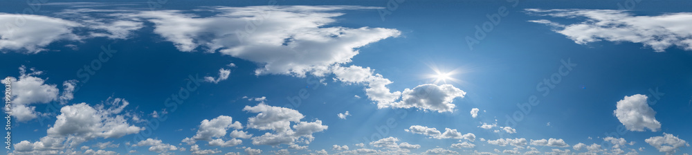 Blue sky hdri 360 panorama with white beautiful clouds. Seamless panorama with zenith for use in 3d graphics or game development as sky dome or edit drone shot for sky replacement Blue sky hdri 360 panorama with white beautiful clouds. Seamless panorama with zenith for use in 3d graphics or game development as sky dome or edit drone shot for sky replacement