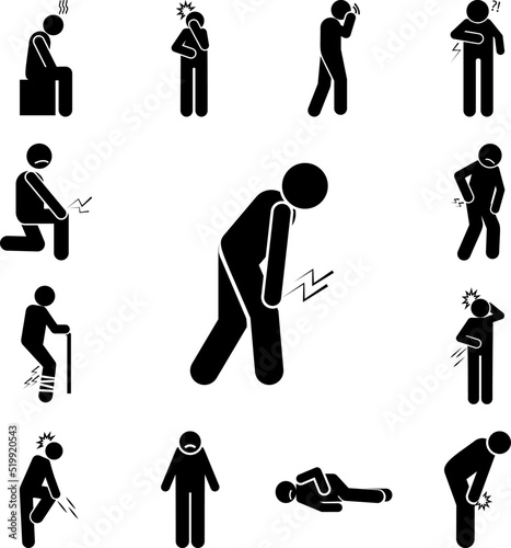 Stick figure, pain, leg icon in a collection with other items