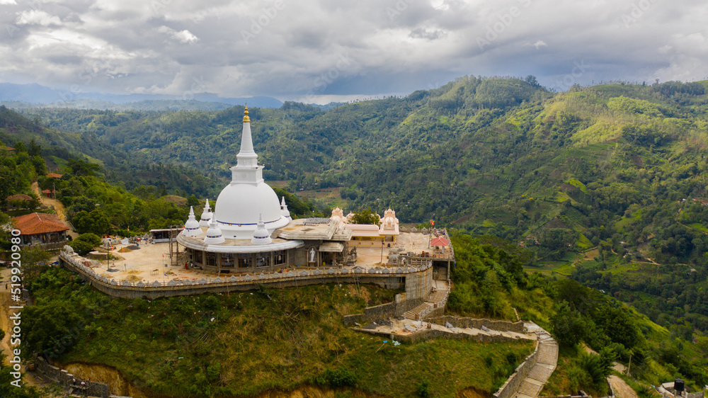 A Buddhist temple in a mountain province on top of a mountain. Mahamevnawa Buddhist Monastery. Bandarawela, Sri Lanka.