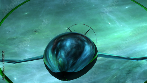 Fototapeta Naklejka Na Ścianę i Meble -  Glitter space ship glass cockpit and its reflection with blue green nebula in background (3D Rendering)