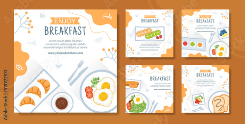 Breakfasts Social Media Post Template Flat Cartoon Background Vector Illustration