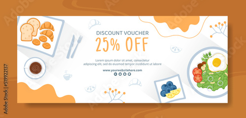Breakfasts Voucher Template Flat Cartoon Background Vector Illustration
