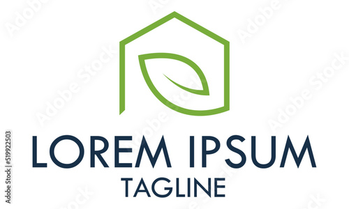 Green Color Line Art Eco Leaf Modern House Logo Design