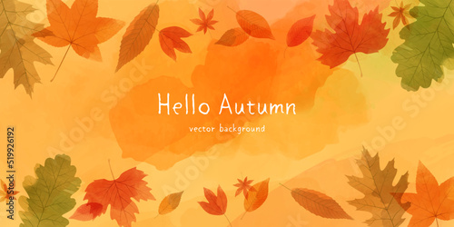 Autumn leaves banner background with copy space. Vector illustration of botanical leaves watercolor.