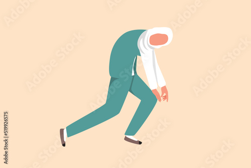 Business flat cartoon style drawing depressed Arabian businesswoman bowed down. Woman feeling stressed, mental pressure. Bankruptcy on economic recession, failure. Graphic design vector illustration